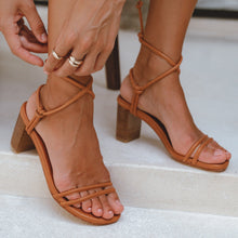 Load image into Gallery viewer, THE ARYA handcrafted leather block heel sandal in dark tan on model 2— LUXUL COLLECTIVE