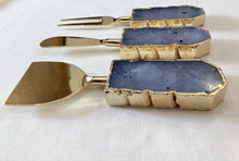Load image into Gallery viewer, THE CHANDRA handcrafted ink blue agate cheese knife set in Gold side view detail — LUXUL COLLECTIVE