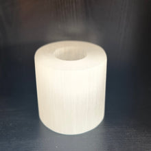 Load image into Gallery viewer, THE NURA handcrafted Saharan selenite votive candle holder on dark surface 2— LUXUL COLLECTIVE