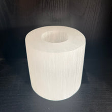 Load image into Gallery viewer, THE NURA handcrafted Saharan selenite votive candle holder on dark surface 3— LUXUL COLLECTIVE