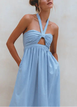 Load image into Gallery viewer, THE RATIH organic linen halter maxi dress in crystal blue 1 — LUXUL COLLECTIVE