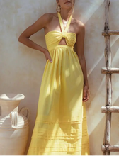 Load image into Gallery viewer, THE RATIH organic linen halter maxi dress in pineapple 1 — LUXUL COLLECTIVE