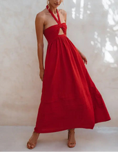Load image into Gallery viewer, THE RATIH organic linen halter maxi dress in red 2 — LUXUL COLLECTIVE
