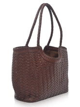 Load image into Gallery viewer, THE JALA handwoven leather tote in Brown, side view — LUXUL COLLECTIVE