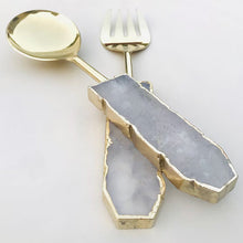 Load image into Gallery viewer, THE AKASHA — handcrafted quartz agate salad servers gold angled view — LUXUL COLLECTIVE