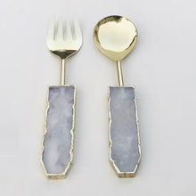 Load image into Gallery viewer, THE AKASHA — handcrafted clear quartz salad server set gold flat lay — LUXUL COLLECTIVE