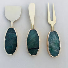 Load image into Gallery viewer, THE VANA handcrafted green agate cheese knife set of 3 in gold finish — LUXUL COLLECTIVE