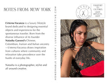 Load image into Gallery viewer, Notes From New York postcard featuring L'Eterna Vacanza founder and red leather bag — LUXUL COLLECTIVE