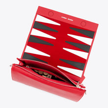 Load image into Gallery viewer, Red leather handbag open, backgammon board and  pieces inside zipper revealed, — THE L'BAG GAMMON ROSSO, by L'Eterna Vacanza  — LUXUL COLLECTIVE