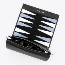 Load image into Gallery viewer, Black leather backgammon handbag by L'Eterna Vacanza, open revealing game board and pieces— LUXUL COLLECTIVE