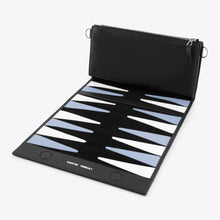 Load image into Gallery viewer, L'Eterna Vacanza black leather backgammon board, partially unfolded and zippered  interior — LUXUL COLLECTIVE