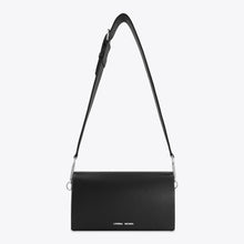 Load image into Gallery viewer, L'Eterna Vacanza black leather backgammon handbag, side profile with strap extended — LUXUL COLLECTIVE