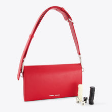 Load image into Gallery viewer, Red leather handbag closed, dice and backgammon pieces beside it, — THE L'BAG GAMMON ROSSO, by L'Eterna Vacanza  — LUXUL COLLECTIVE