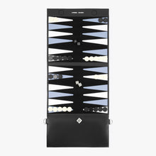 Load image into Gallery viewer, L'Eterna Vacanza black leather backgammon board, unfolded vertical view — LUXUL COLLECTIVE